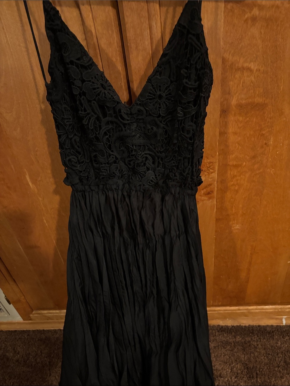 Long Black Lace Bodice V-Neck Maxi Dress - Women